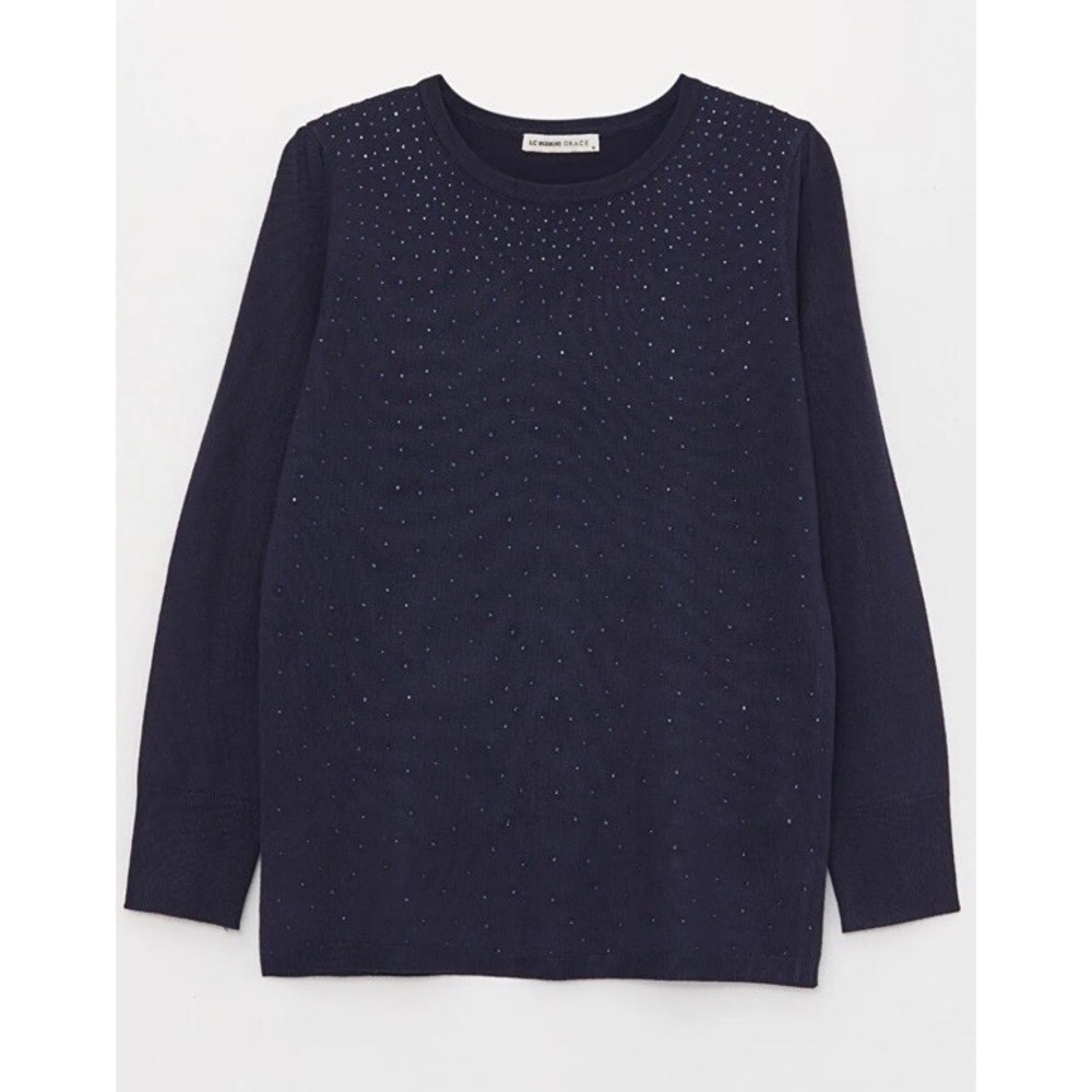 LC Waikiki Womens XL Grace Crew Neck Sweater Blue Studded Gem Embellished